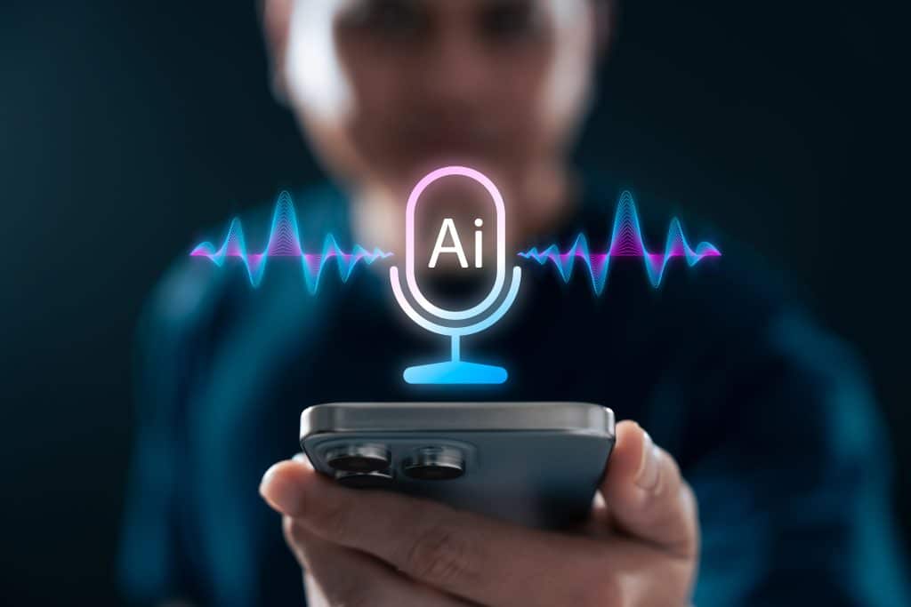 Voice interaction with AI concept showing man holding smartphone with digital microphone icon and soundwave. Perfect for virtual assistant, speech tech, smart device, innovation.