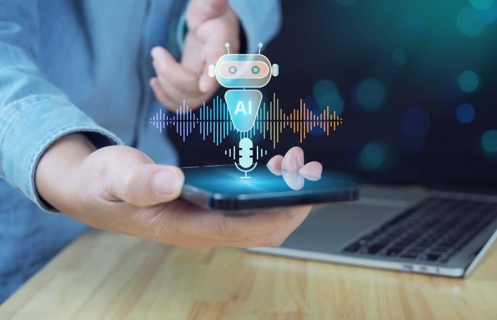 AI Chatbot and Voice Assistant Communication Concept. A person interacts with smartphone digital Chat AI and voice assistant icon, AI-powered conversation, customer support, and smart interaction.