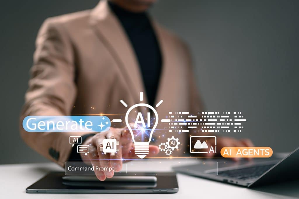 Businessman generates innovative content using artificial intelligence interface. Digital technology empowers creativity. Person interacts future AI agents, commanding prompts. Business solutions,