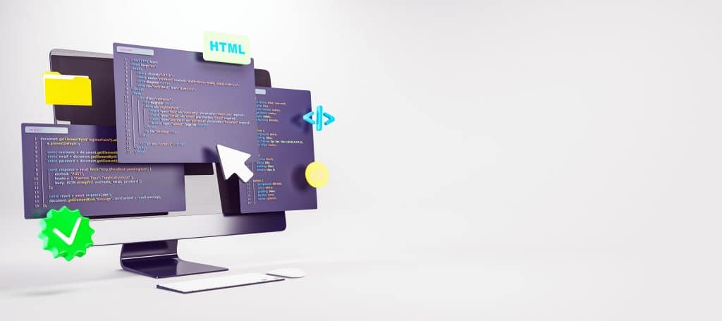 3D rendering of computer monitor with floating HTML, JavaScript, and programming interface elements on light background representing web development concept. 3D Rendering