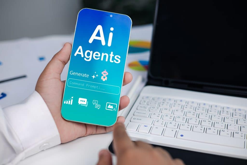 Hand Holding Smartphone with AI Agents Interface, Future Artificial Intelligence Mobile Technology