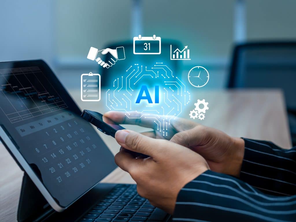 AI reminder concept with digital brain icon on smartphone screen, artificial intelligence assistant tool for productivity, smart scheduling, time management, digital alerts, daily task organization.