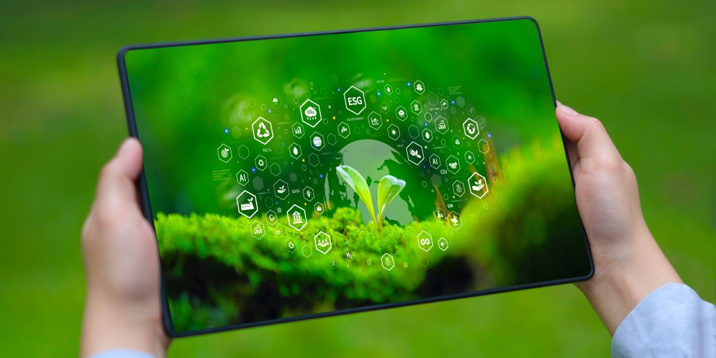Tablet displaying environmental sustainability concepts.