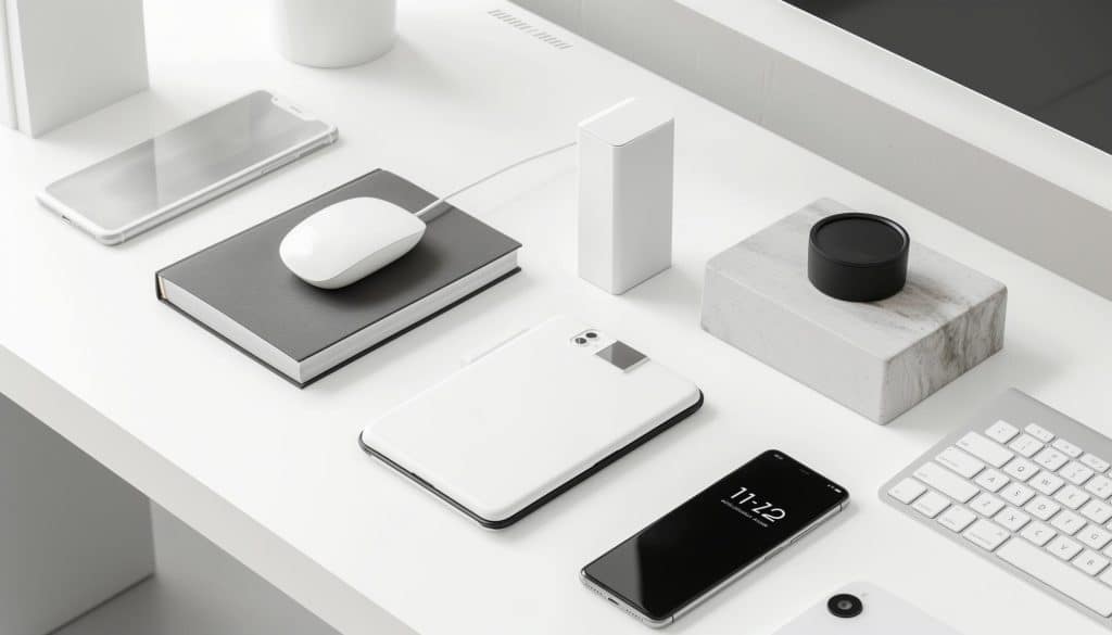 Minimalist workspace with electronic devices.